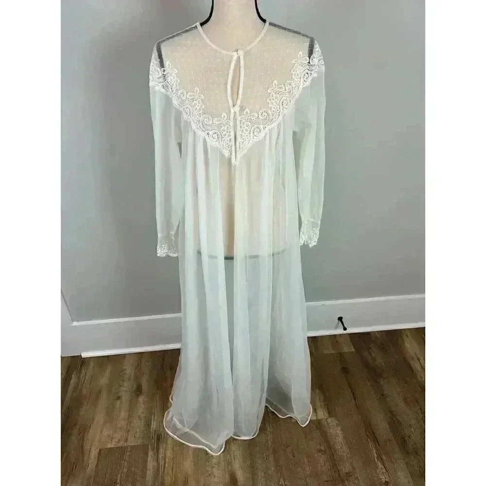 Vintage Vassarette Sheer Lace Coquette Long White Nightgown Robe Cottagecore M